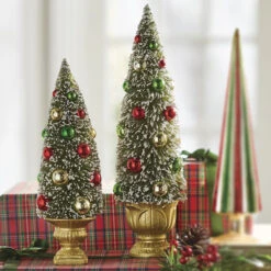 Raz Set Of 2 Green Bottle Brush Tree With Ornaments In Gold Urn 4215502