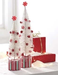 Raz Set Of 2 White Peppermint Bottle Brush Tree On Presents Christmas Figure 4215546