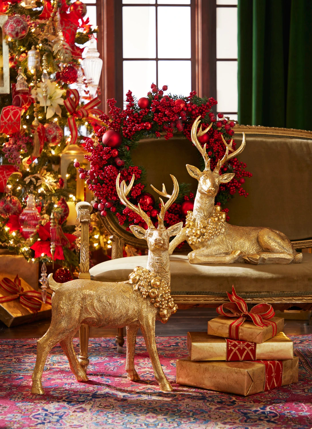 Raz Gold Laying Or Standing Deer With Wreath Christmas Decoration 3 Raz Gold Laying Or Standing Deer With Wreath Christmas Decoration
