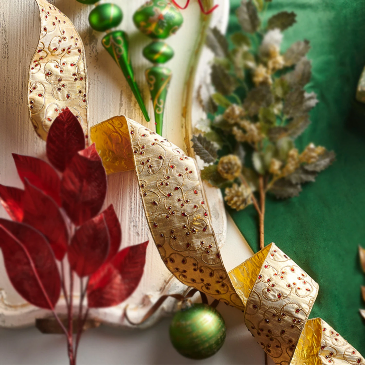 Raz 4" Gold Jeweled Wired Christmas Ribbon R4371756 3 Raz 4" Gold Jeweled Wired Christmas Ribbon R4371756