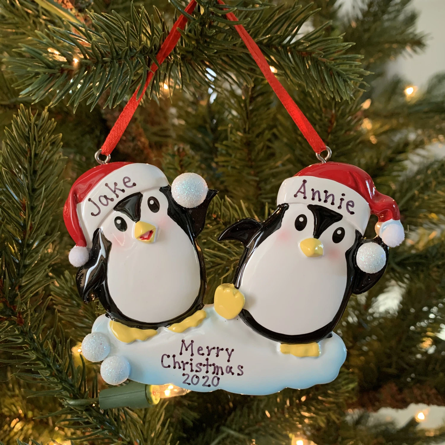 Penguin Couple Throwing Snowballs Personalized Christmas Ornament OR1318 4 Penguin Couple Throwing Snowballs Personalized Christmas Ornament OR1318 - Image 2