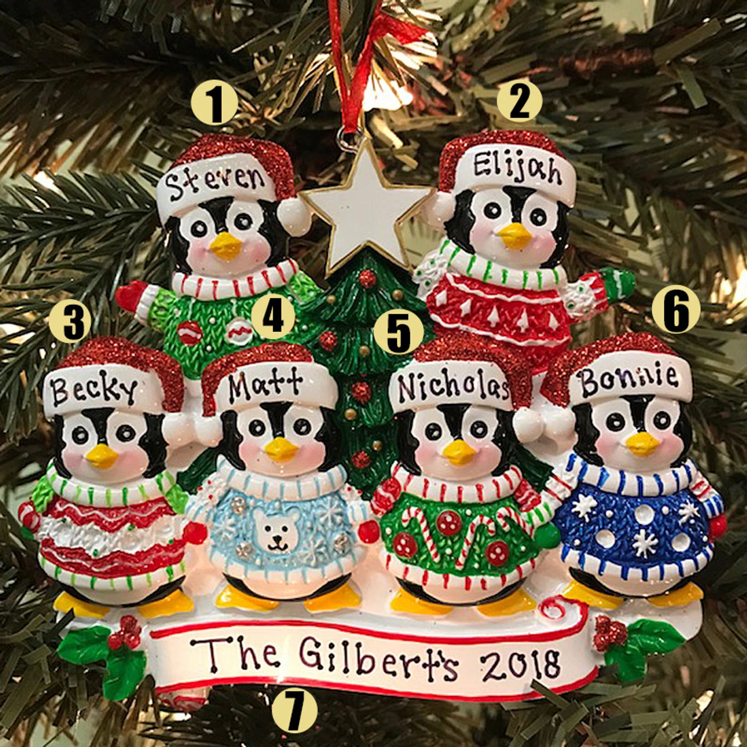 Ugly Sweater Penguin Family Of 6 Personalized Christmas Ornament 4 Ugly Sweater Penguin Family Of 6 Personalized Christmas Ornament - Image 2