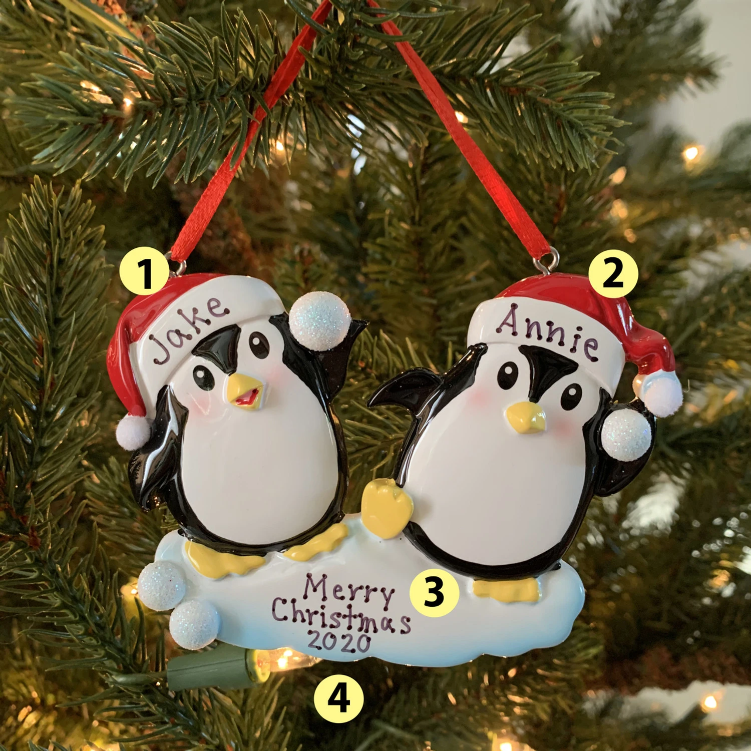 Penguin Couple Throwing Snowballs Personalized Christmas Ornament OR1318 3 Penguin Couple Throwing Snowballs Personalized Christmas Ornament OR1318