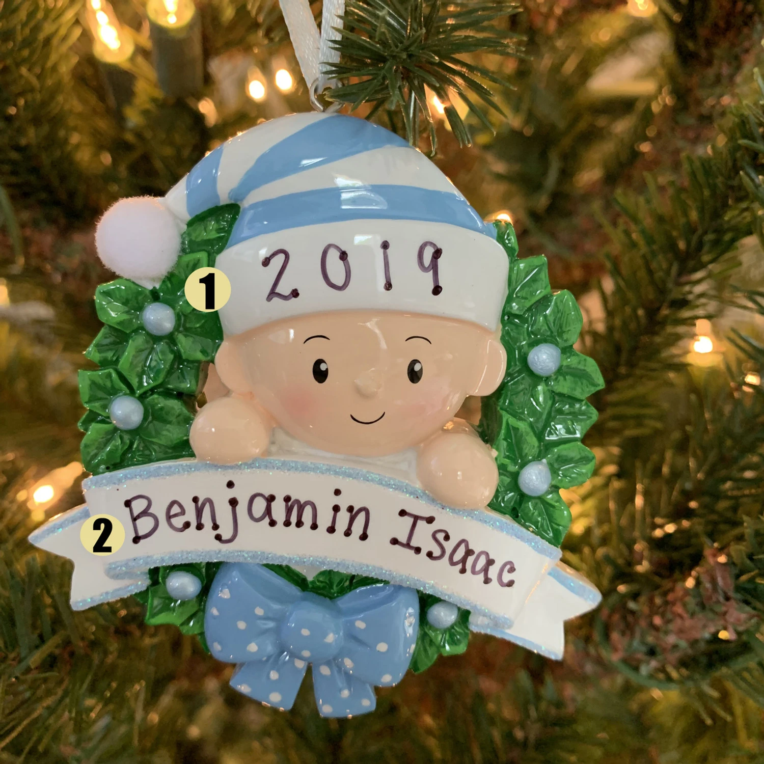 Blue Baby Boy In Wreath Personalized Christmas Ornament OR1746-B 3 Blue Baby Boy In Wreath Personalized Christmas Ornament OR1746-B